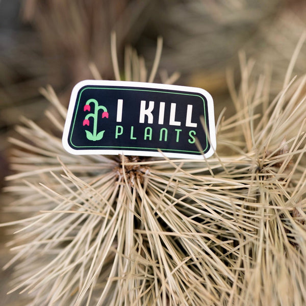 The "I Kill Plants" sticker placed in the pines of a dead pine tree.